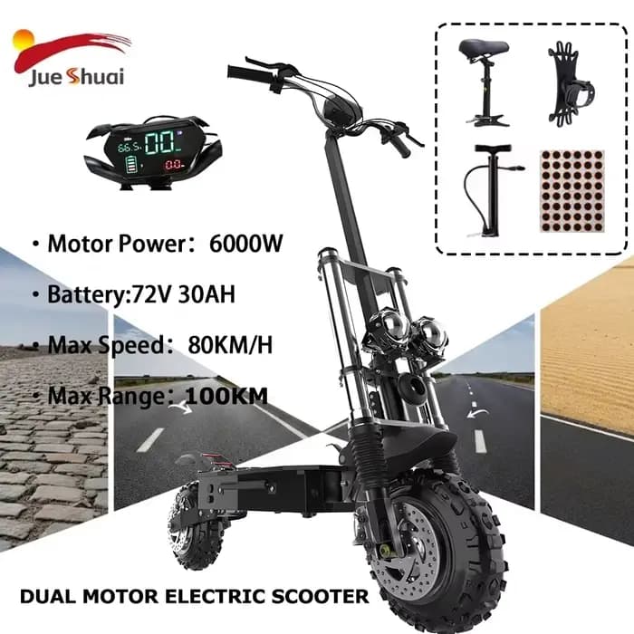 Scooter électrique pour adultes, vitesse maximale 85-90 km/h, 30 Ah, moteurs puissants 6000 W, pneus tout-terrain 11 pouces, e-scooter