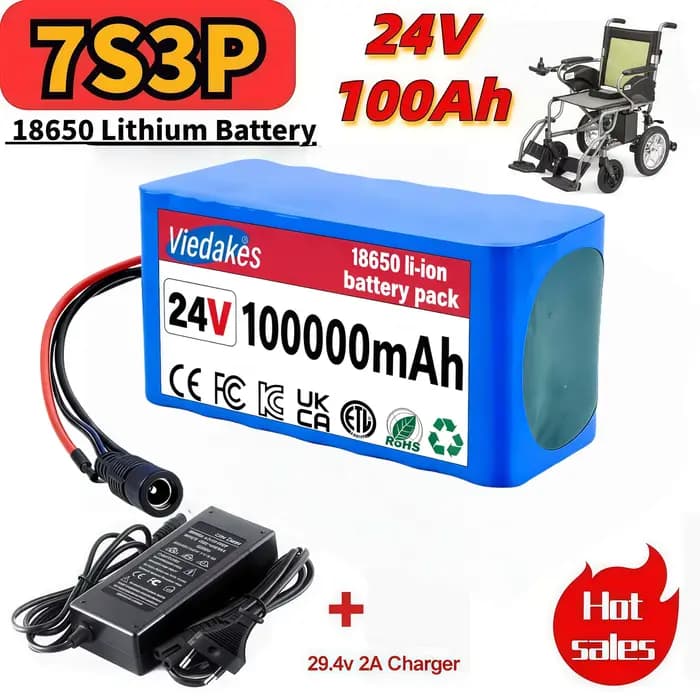 🌍 Batterie au lithium haute capacité 24 V 100 Ah pour fauteuils roulants 🏅 Pack rechargeable 7S3P 18650 100 000 mAh 🔥