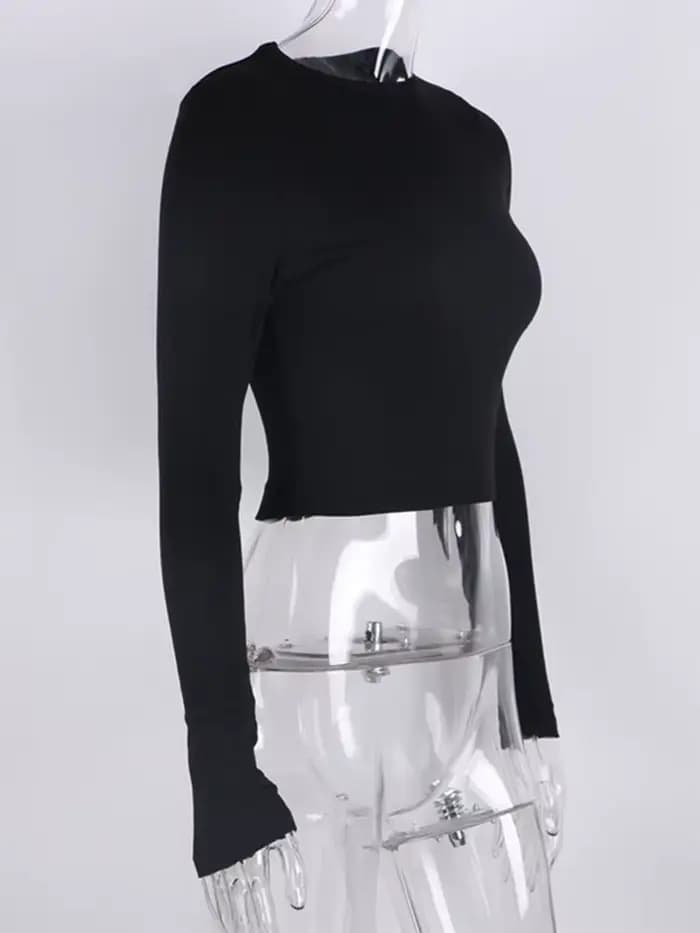 O cou à manches longues chemise femmes côtelé Sexy hauts courts 2024 printemps noir décontracté maigre mince basique femme t-shirts blanc
