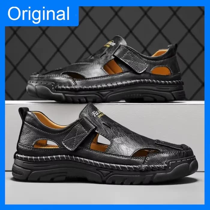 Sandales pour hommes confortables, respirantes, à bout fermé, en cuir, pour l'été, la marche quotidienne en plein air, chaussures décontractées, semelle antidérapante