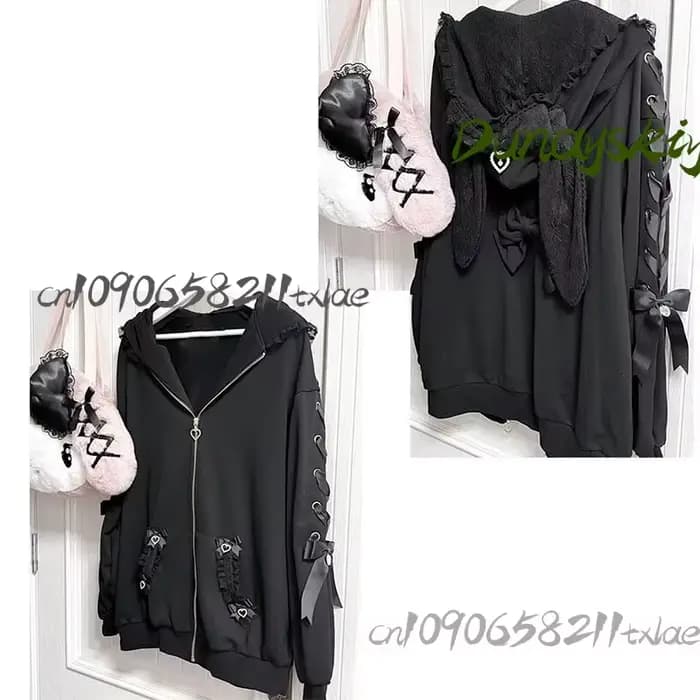 Jirai Kei japonais femmes filles Cosplay Costumes lapin chat oreille manteau à capuche blanc noir en peluche chaud manteau Kawaii quotidien carnaval
