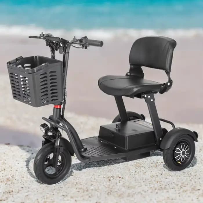 Scooter de mobilité pliable à 3 roues rouge et noir antivol avec barre de traction